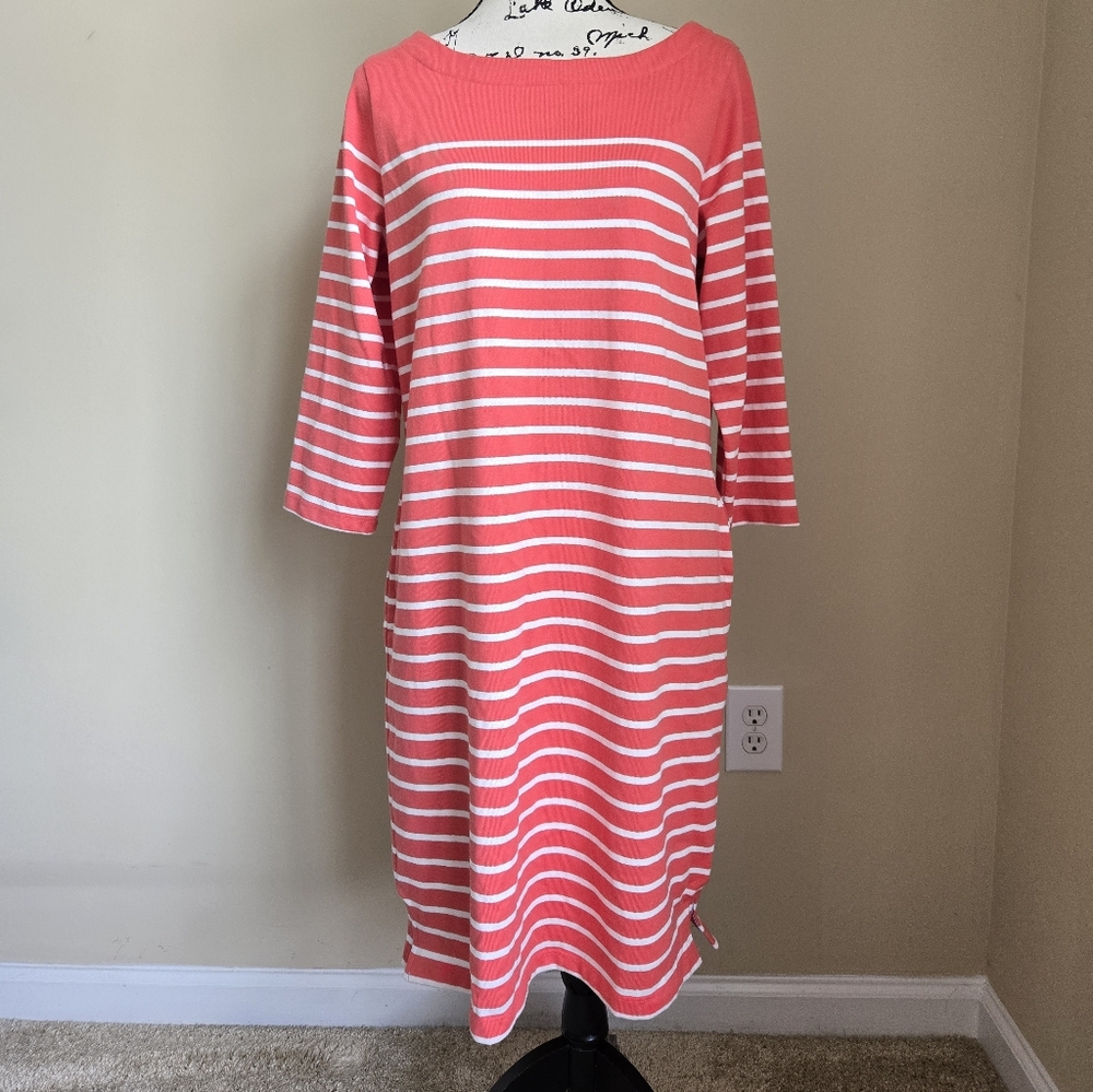 L.L.Bean Heritage Mariner Dress Womens M Salmon Striped 3/4 Sleeve